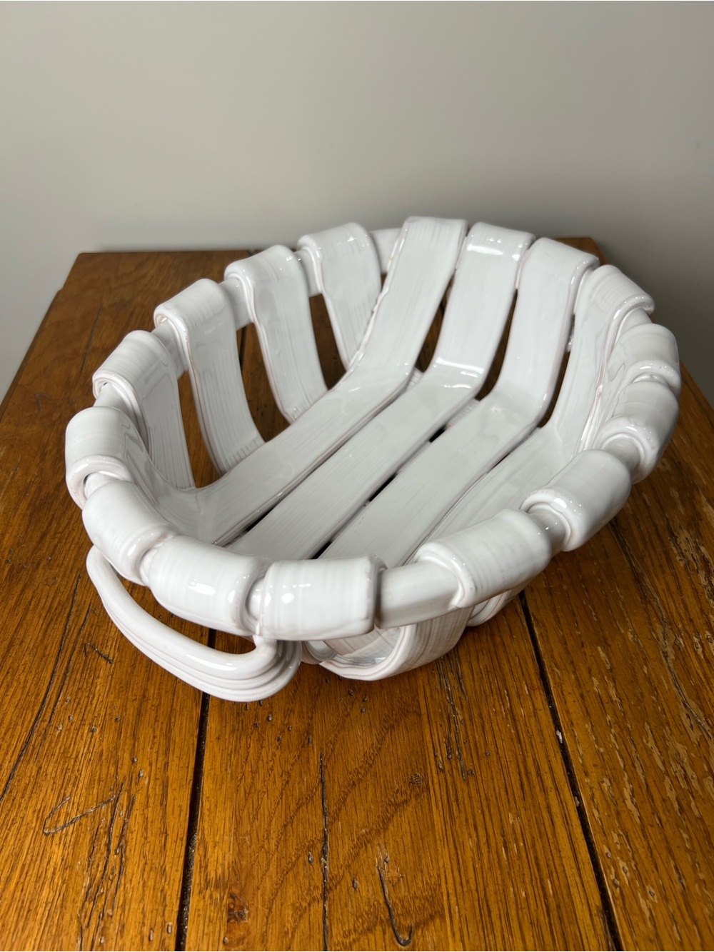 Vintage Italian White Glazed Ceramic Basket Bowl - Decorative Table Accent